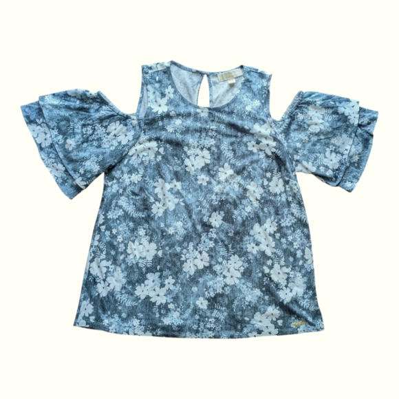 MICHAEL Michael Kors Blue Floral Cotton Cold Shoulder Short Sleeve Top Women's M - Picture 3 of 15